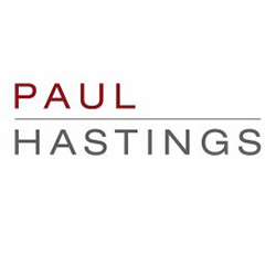 Logo for the firm Paul Hastings, featuring the word "PAUL" in red text above a thin horizontal line, with the word "HASTINGS" in gray text directly below it.